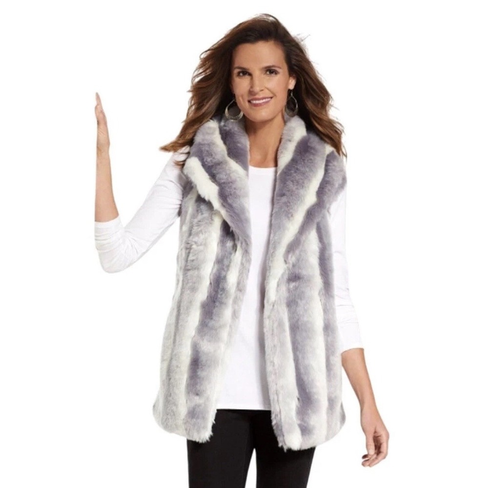 Soft Surroundings Vest Women‎ Small Faux Fur Quiet Luxury Soft Plush Gray Stripe